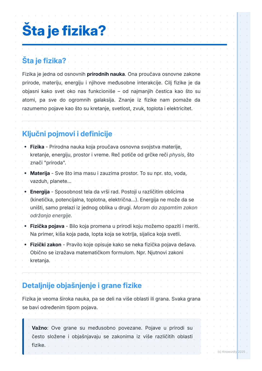 # Šta je fizika?

Šta je fizika?

Fizika je jedna od osnovnih prirodnih nauka. Ona proučava osnovne zakone
prirode, materiju, energiju i nji