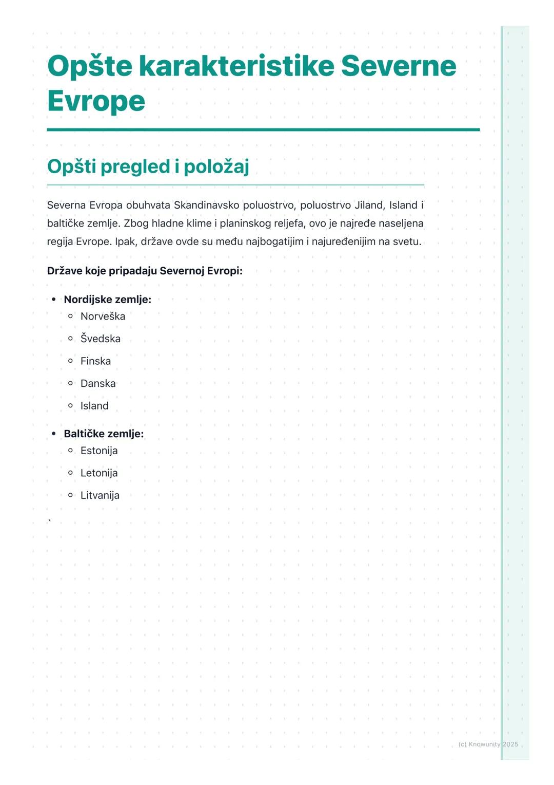 # Opšte karakteristike Severne
Evrope

Opšti pregled i položaj

Severna Evropa obuhvata Skandinavsko poluostrvo, poluostrvo Jiland, Island i
