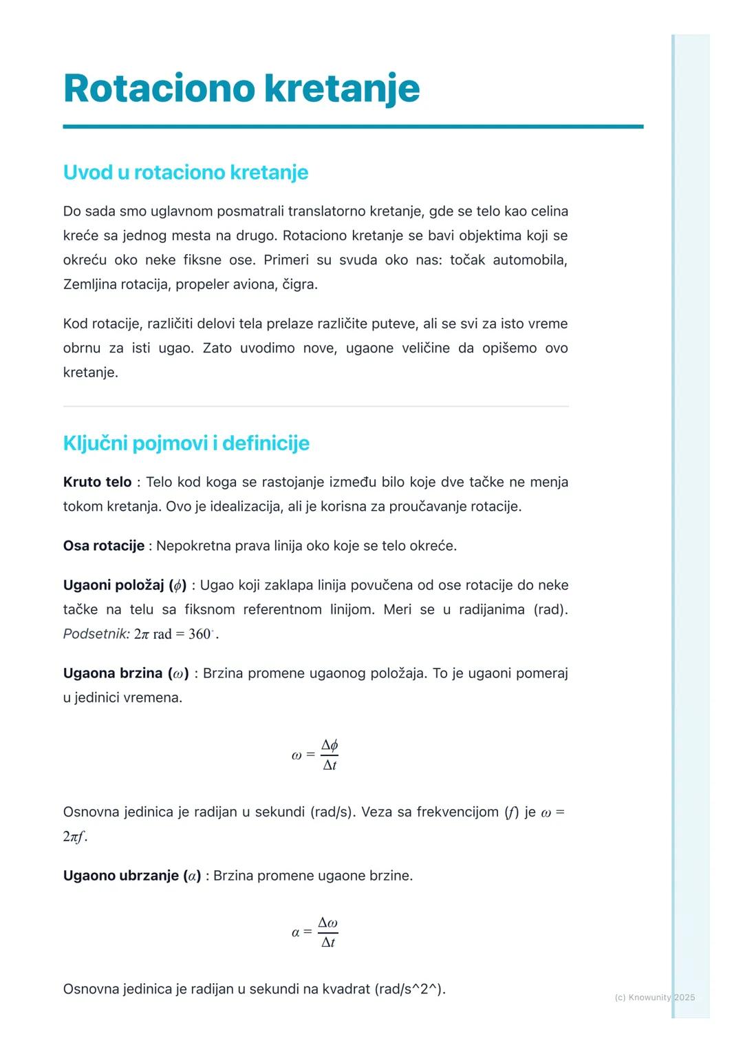 # Rotaciono kretanje

Uvod u rotaciono kretanje

Do sada smo uglavnom posmatrali translatorno kretanje, gde se telo kao celina
kreće sa jedn