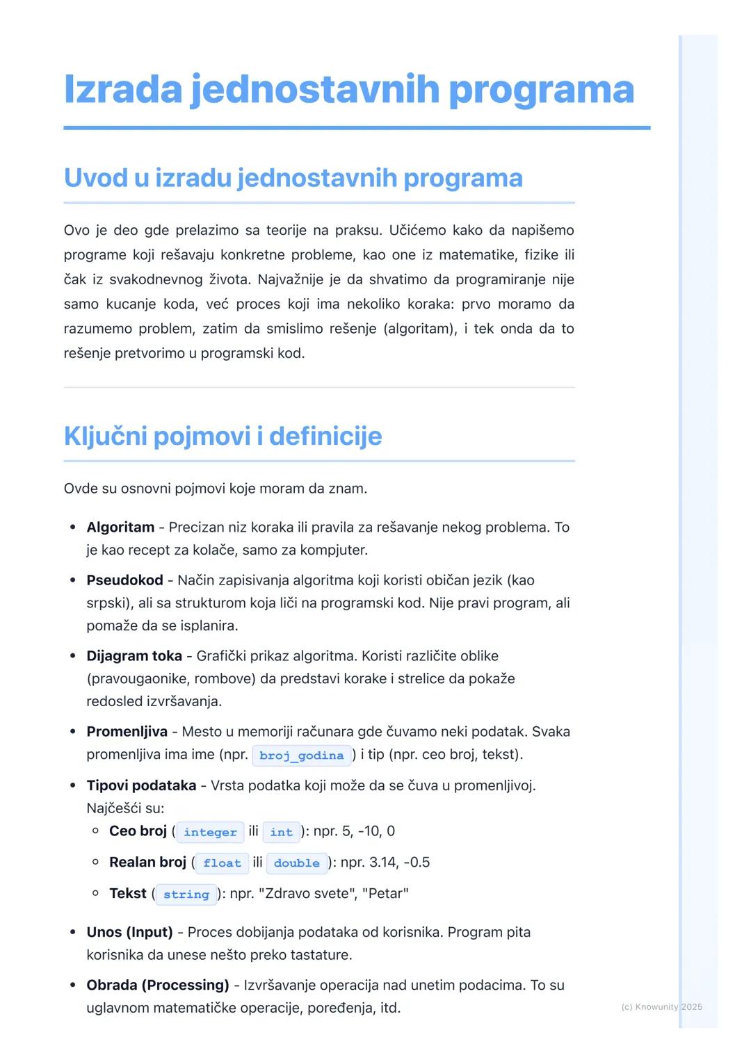 # Izrada jednostavnih programa

Uvod u izradu jednostavnih programa

Ovo je deo gde prelazimo sa teorije na praksu. Učićemo kako da napišemo
