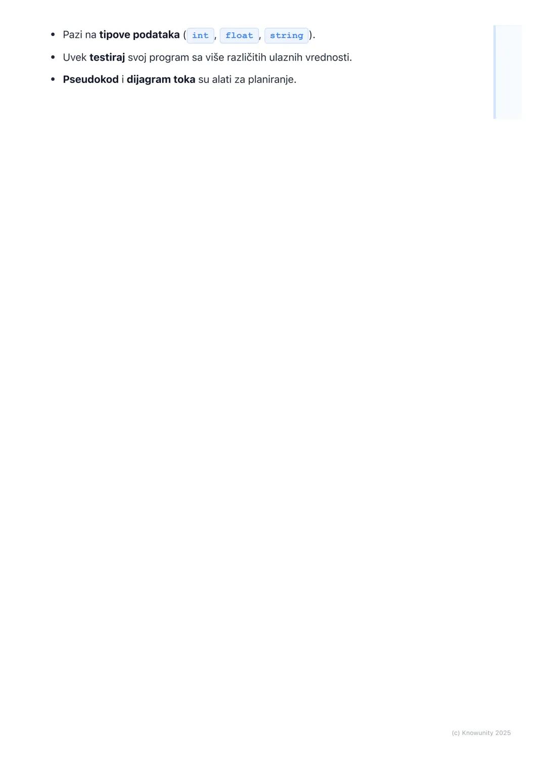 # Izrada jednostavnih programa

Uvod u izradu jednostavnih programa

Ovo je deo gde prelazimo sa teorije na praksu. Učićemo kako da napišemo