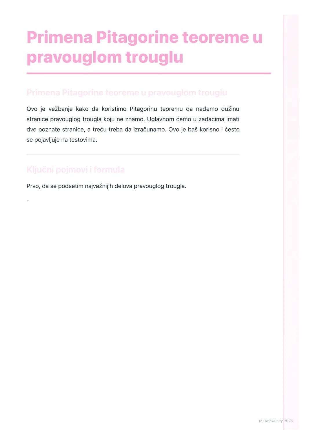 # Primena Pitagorine teoreme u
pravouglom trouglu

Primena Pitagorine teoreme u pravouglom trouglu

Ovo je vežbanje kako da koristimo Pitago