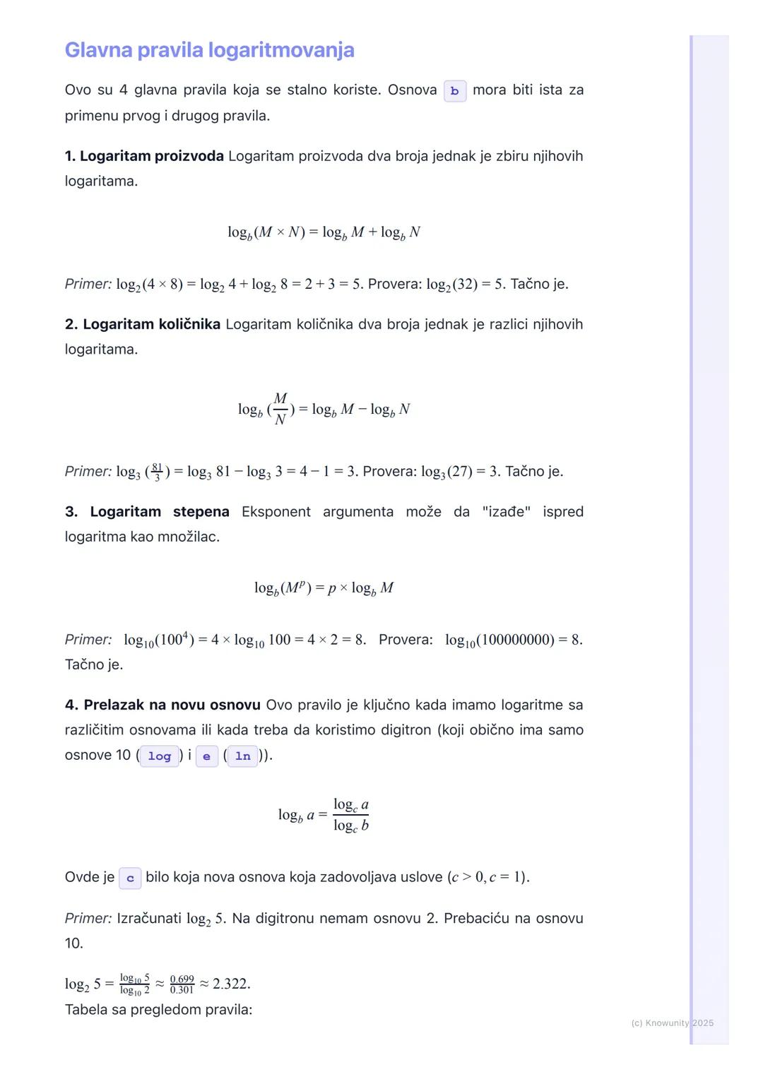 # Pravila logaritmovanja

Uvod u pravila logaritmovanja

Logaritmi imaju svoja pravila, slično kao stepenovanje, koja nam pomažu da
uprostim