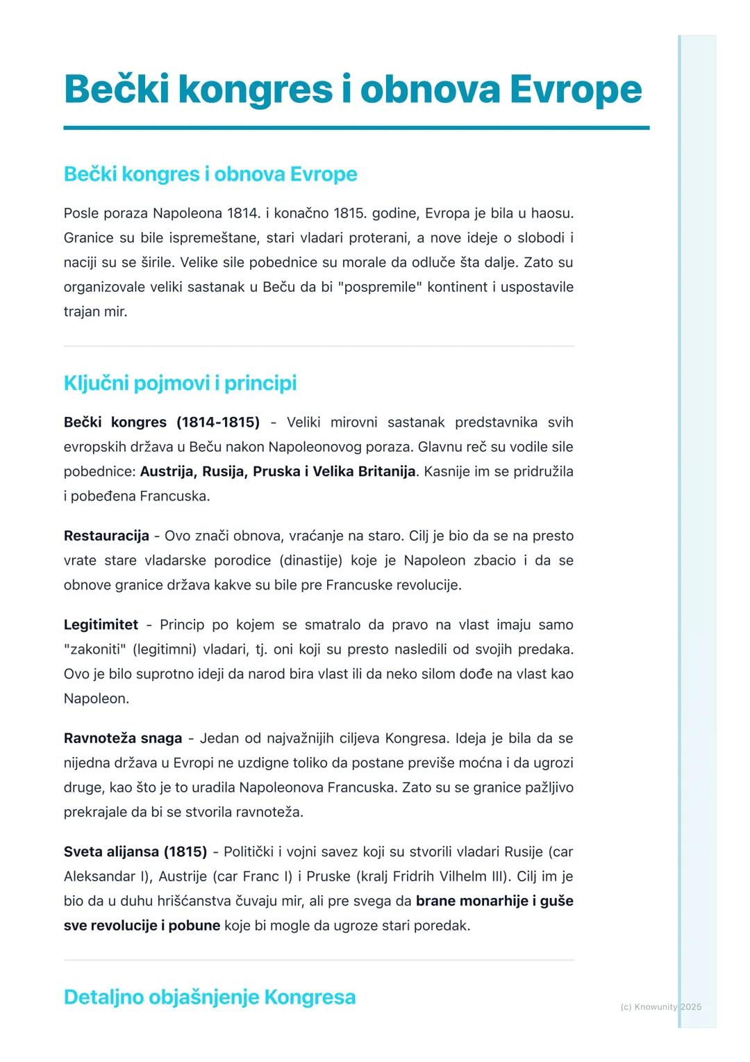 # Bečki kongres i obnova Evrope

Bečki kongres i obnova Evrope

Posle poraza Napoleona 1814. i konačno 1815. godine, Evropa je bila u haosu.