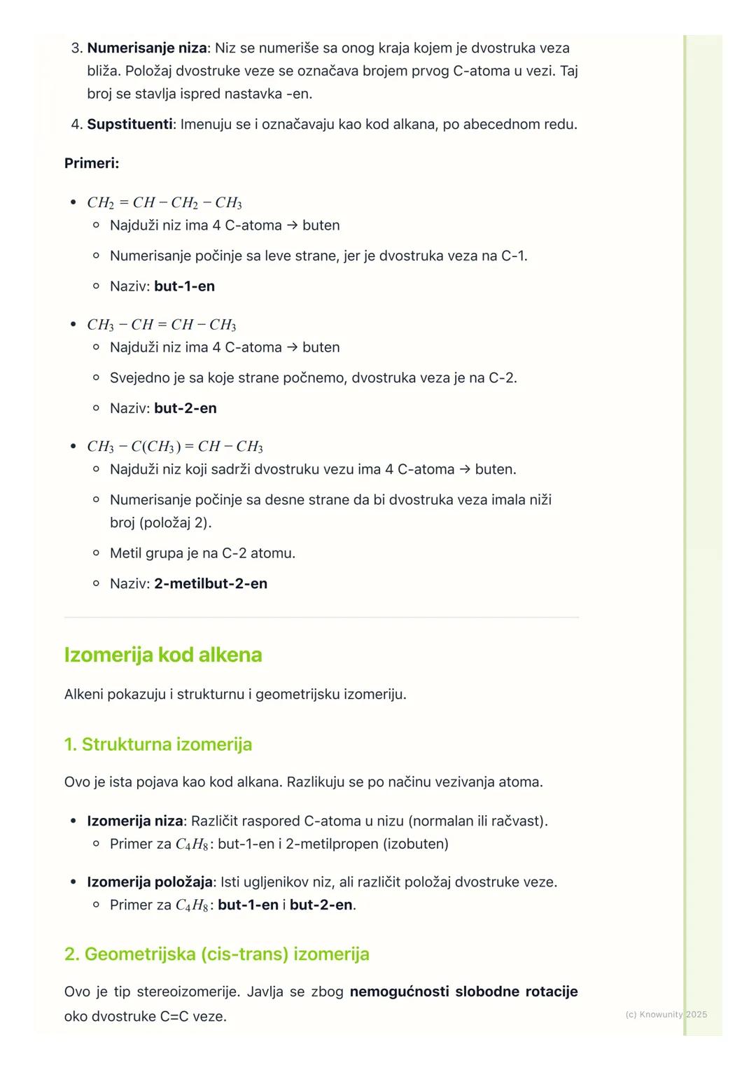 # Alkeni

Opšte karakteristike alkena

Alkeni su nezasićeni ugljovodonici koji u svom molekulu sadrže najmanje
jednu dvostruku vezu između d