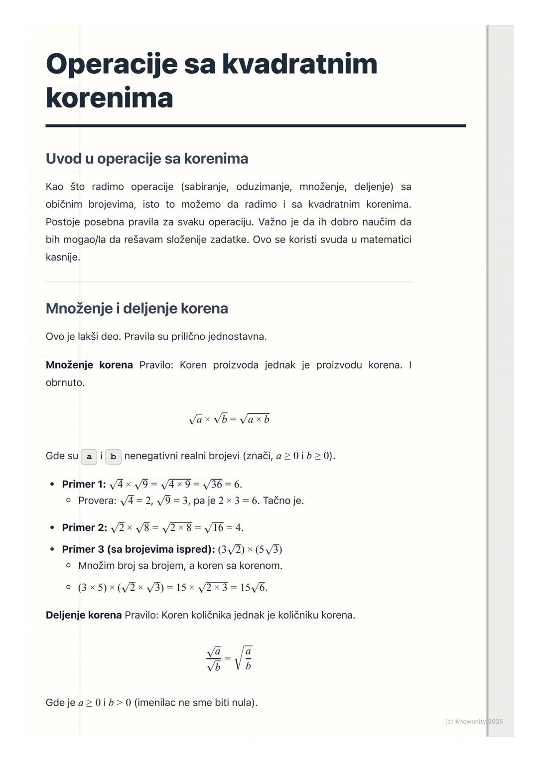# Operacije sa kvadratnim
korenima

Uvod u operacije sa korenima

Kao što radimo operacije (sabiranje, oduzimanje, množenje, deljenje) sa
ob
