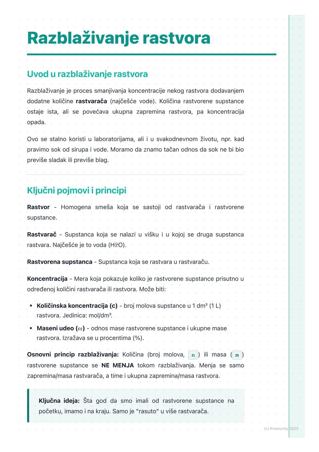 # Razblaživanje rastvora

## Uvod u razblaživanje rastvora

Razblaživanje je proces smanjivanja koncentracije nekog rastvora dodavanjem
doda