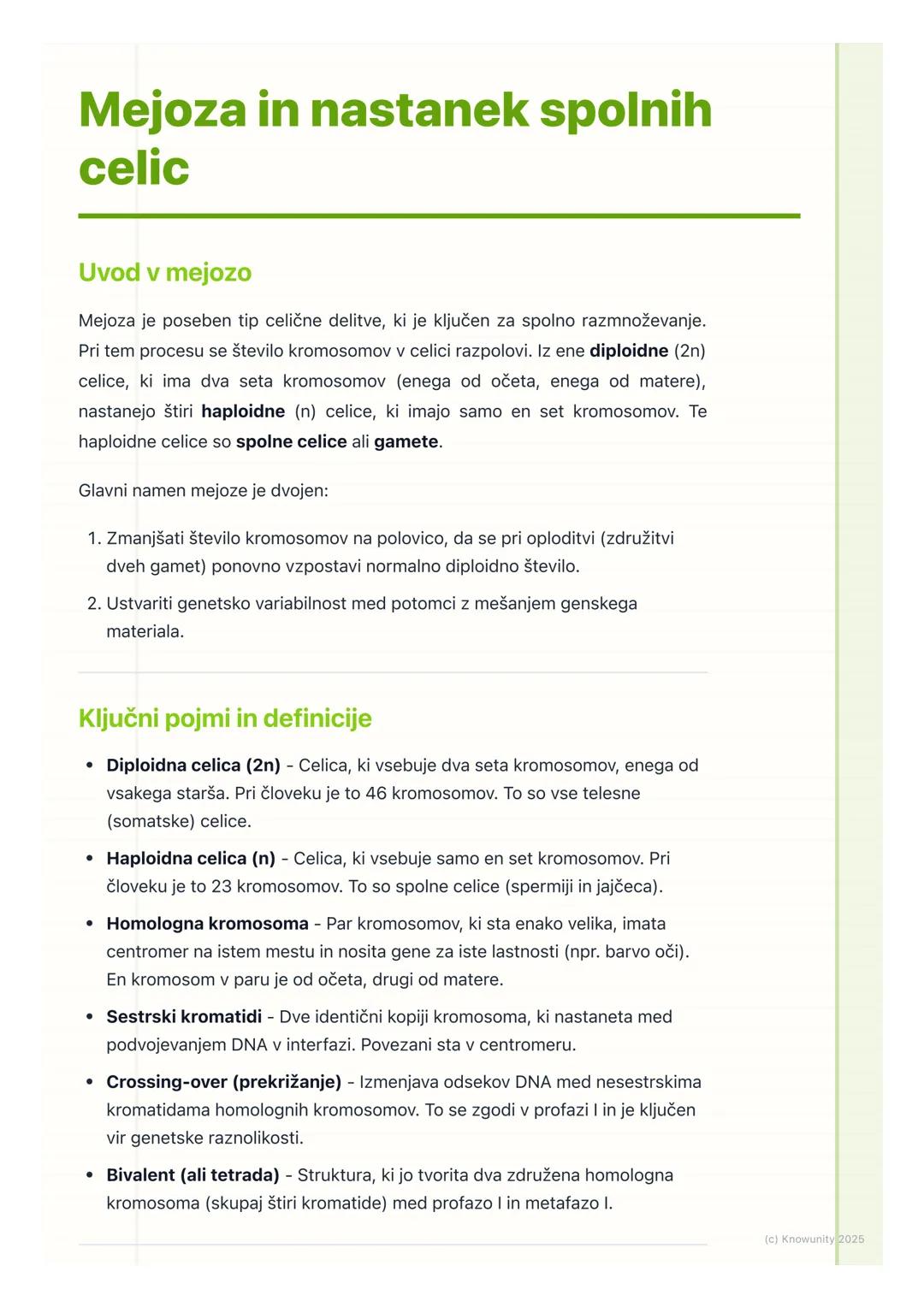 # Mejoza in nastanek spolnih
celic

Uvod v mejozo

Mejoza je poseben tip celične delitve, ki je ključen za spolno razmnoževanje.
Pri tem pro