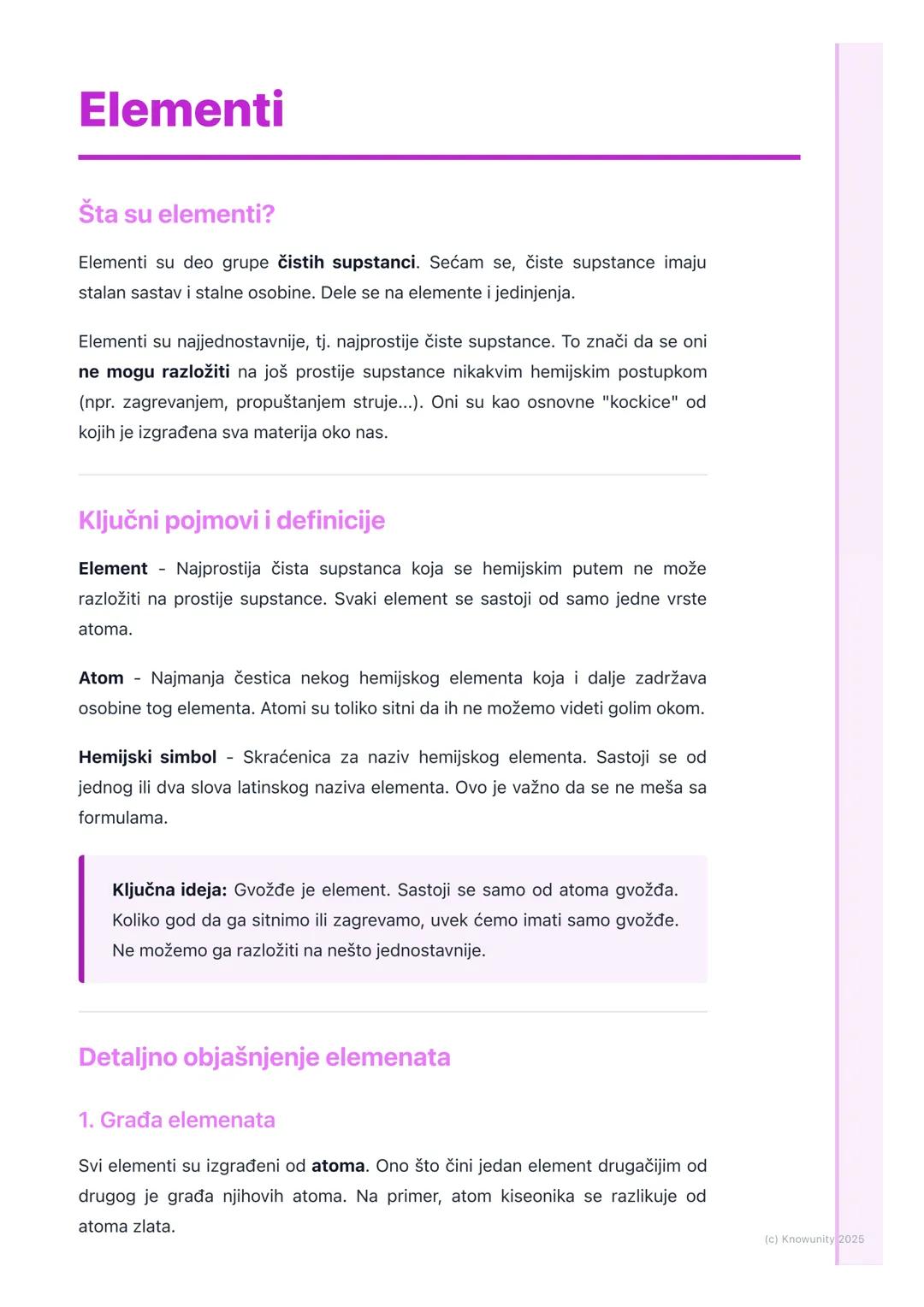 # Elementi

Šta su elementi?

Elementi su deo grupe čistih supstanci. Sećam se, čiste supstance imaju
stalan sastav i stalne osobine. Dele s