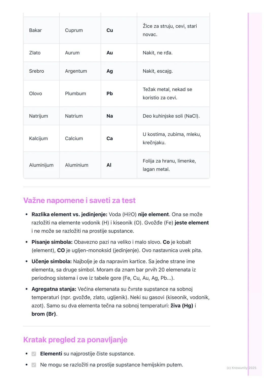 # Elementi

Šta su elementi?

Elementi su deo grupe čistih supstanci. Sećam se, čiste supstance imaju
stalan sastav i stalne osobine. Dele s