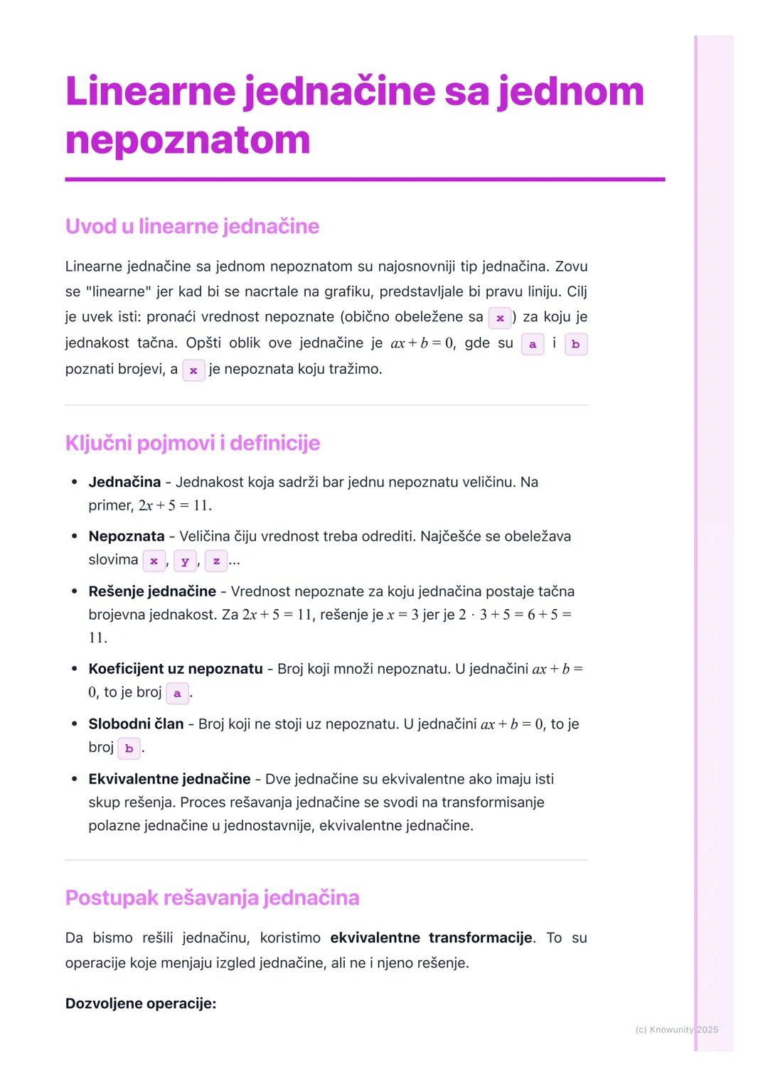 # Linearne jednačine sa jednom
nepoznatom

Uvod u linearne jednačine

Linearne jednačine sa jednom nepoznatom su najosnovniji tip jednačina.