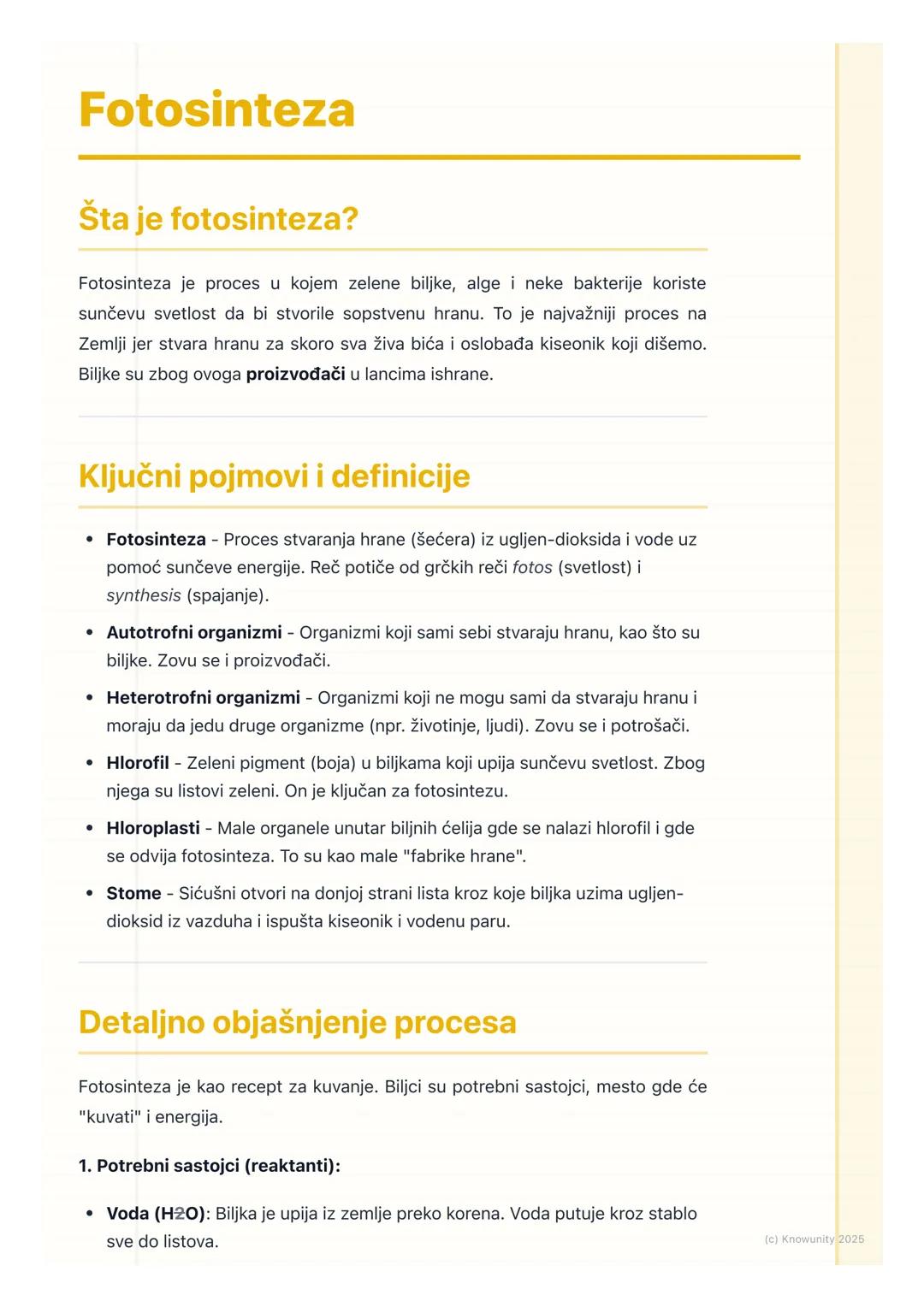 # Fotosinteza

## Šta je fotosinteza?

Fotosinteza je proces u kojem zelene biljke, alge i neke bakterije koriste
sunčevu svetlost da bi stv