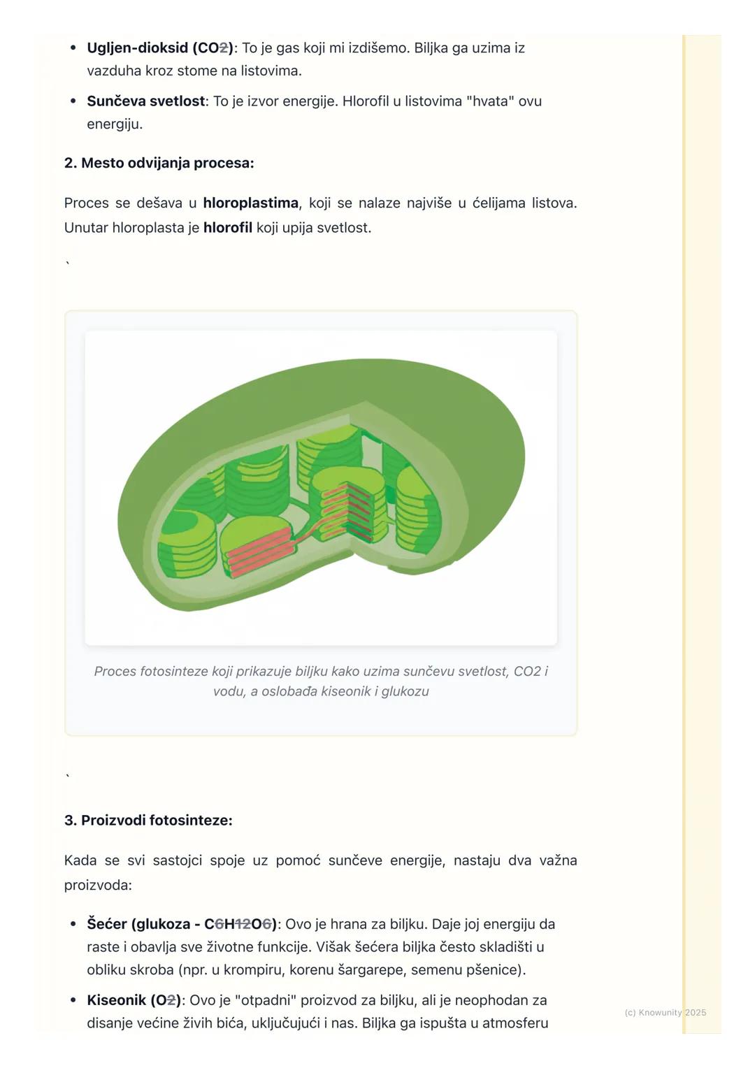 # Fotosinteza

## Šta je fotosinteza?

Fotosinteza je proces u kojem zelene biljke, alge i neke bakterije koriste
sunčevu svetlost da bi stv
