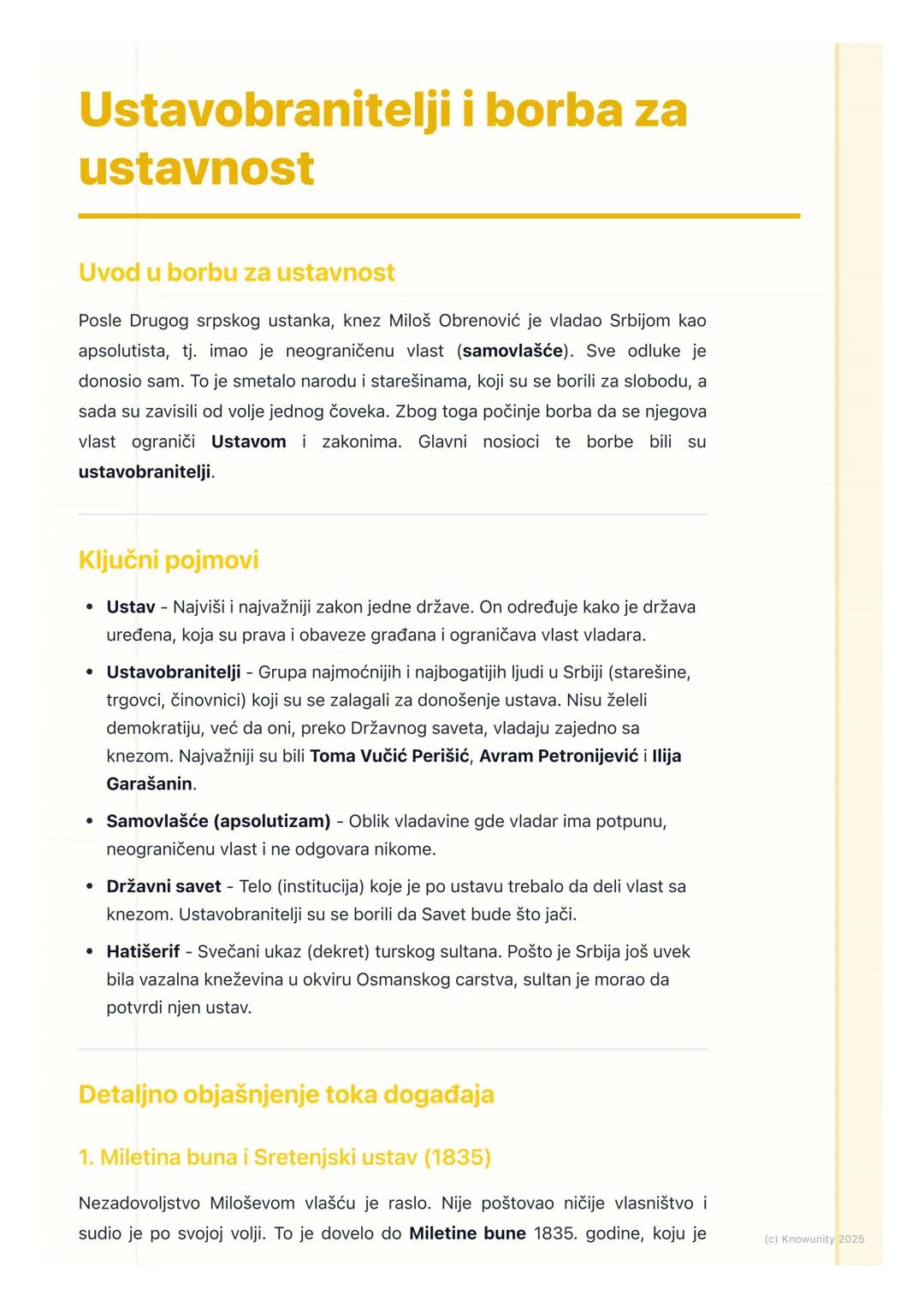 # Ustavobranitelji i borba za
ustavnost

Uvod u borbu za ustavnost

Posle Drugog srpskog ustanka, knez Miloš Obrenović je vladao Srbijom kao