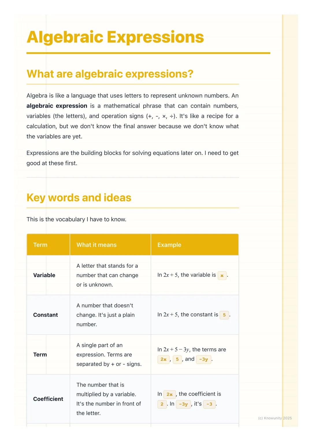 # Algebraic Expressions

## What are algebraic expressions?

Algebra is like a language that uses letters to represent unknown numbers. An
a