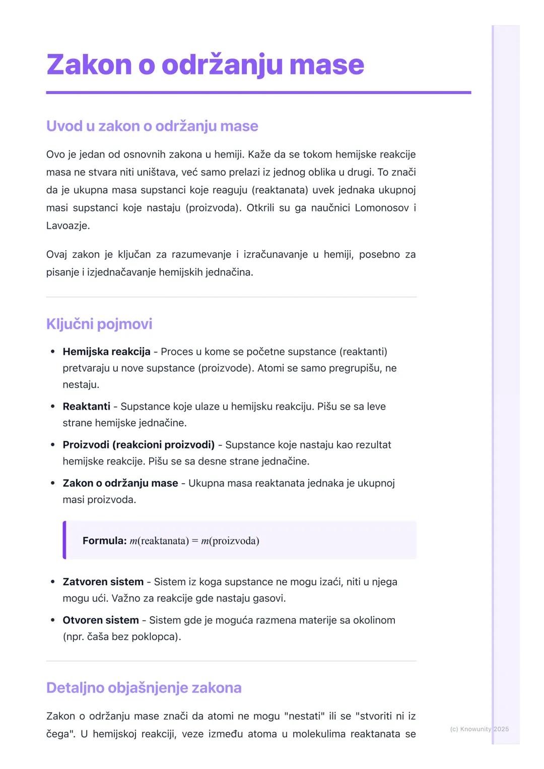 # Zakon o održanju mase

Uvod u zakon o održanju mase

Ovo je jedan od osnovnih zakona u hemiji. Kaže da se tokom hemijske reakcije
masa ne 