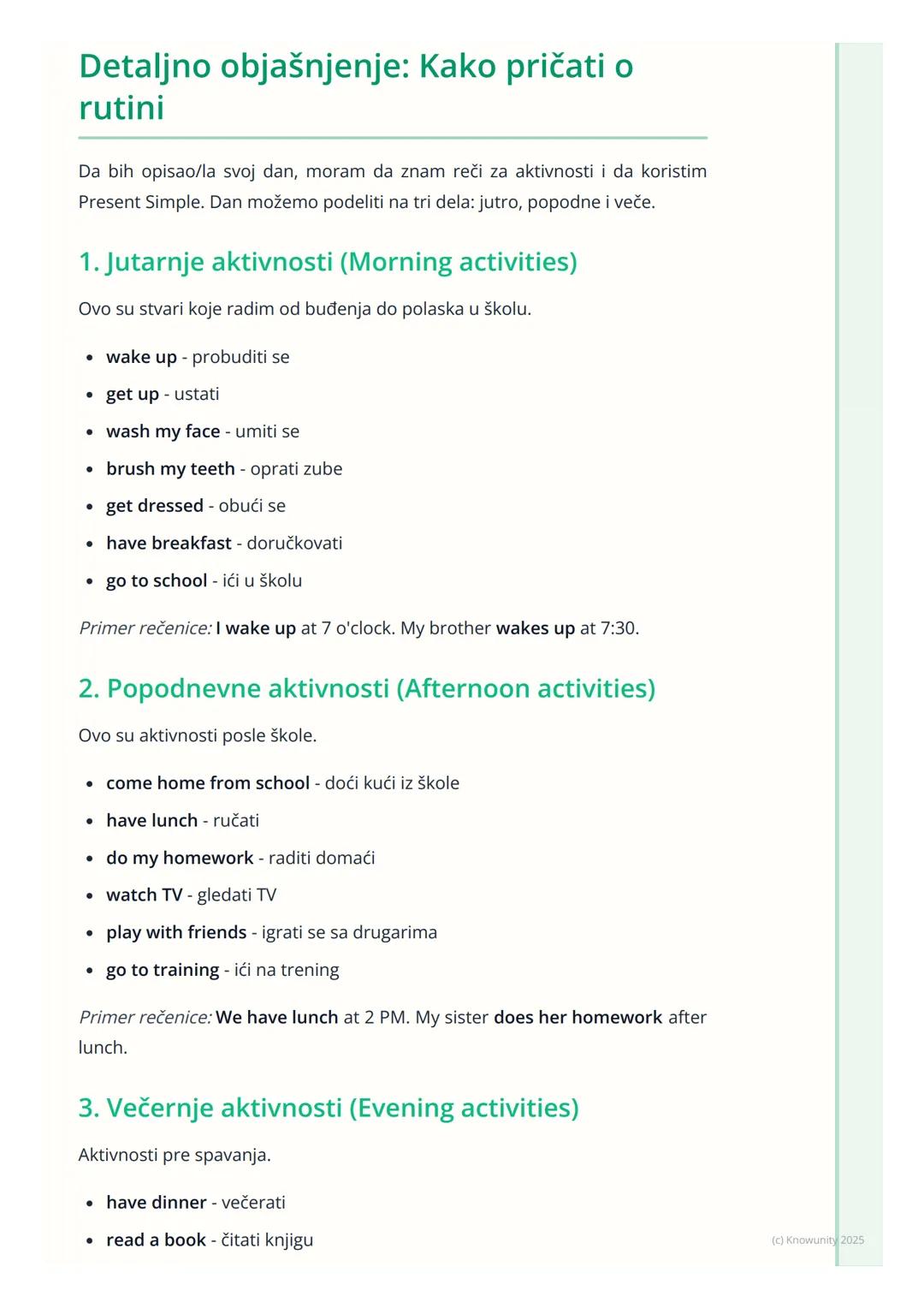 # Moj dan i rutina

## Uvod: Moj dan i rutina

Ova lekcija je važna da naučim kako da na engleskom ispričam šta radim
svakog dana. Koristi s
