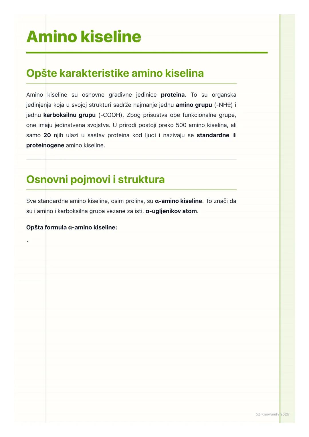 # Amino kiseline

## Opšte karakteristike amino kiselina

Amino kiseline su osnovne gradivne jedinice proteina. To su organska
jedinjenja ko