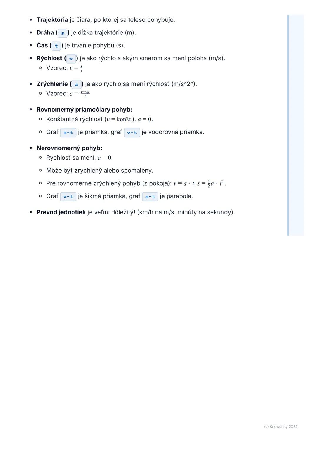 # Kinematika pohybu

## 1. Prehľad kinematiky pohybu

Kinematika pohybu je časť fyziky, ktorá sa zaoberá popisom pohybu telies.
To znamená, 