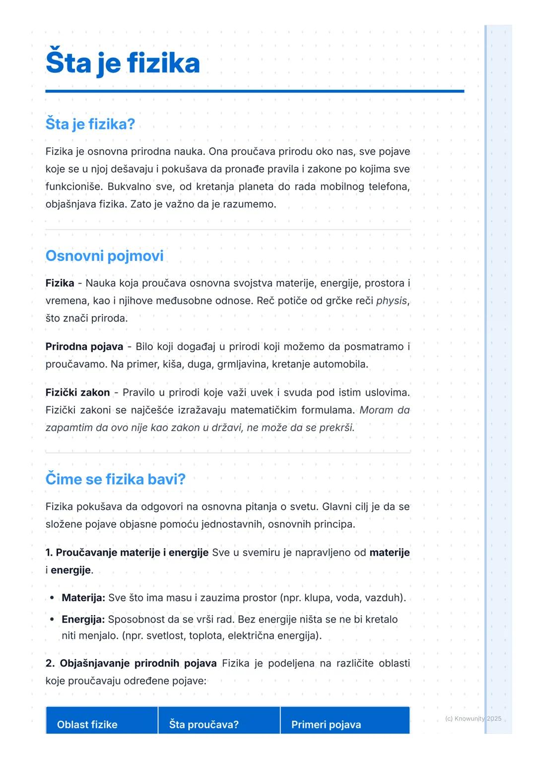 # Šta je fizika

Šta je fizika?

Fizika je osnovna prirodna nauka. Ona proučava prirodu oko nas, sve pojave
koje se u njoj dešavaju i pokuša
