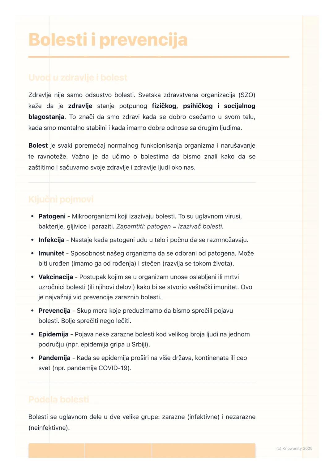 # Bolesti i prevencija

Uvod u zdravlje i bolest

Zdravlje nije samo odsustvo bolesti. Svetska zdravstvena organizacija (SZO)
kaže da je zdr