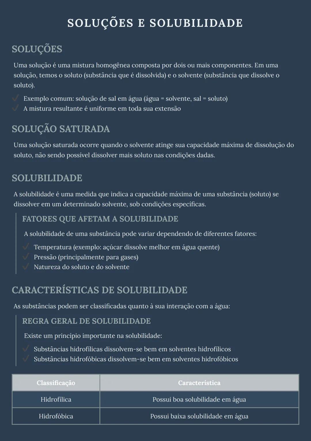 # SOLUÇÕES E SOLUBILIDADE

## SOLUÇÕES

Uma solução é uma mistura homogênea composta por dois ou mais componentes. Em uma
solução, temos o s