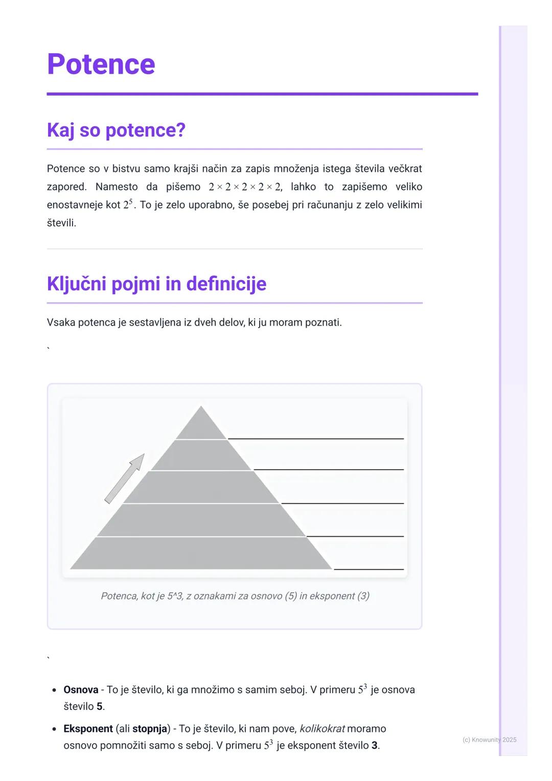# Potence

## Kaj so potence?

Potence so v bistvu samo krajši način za zapis množenja istega števila večkrat
zapored. Namesto da pišemo 2×2