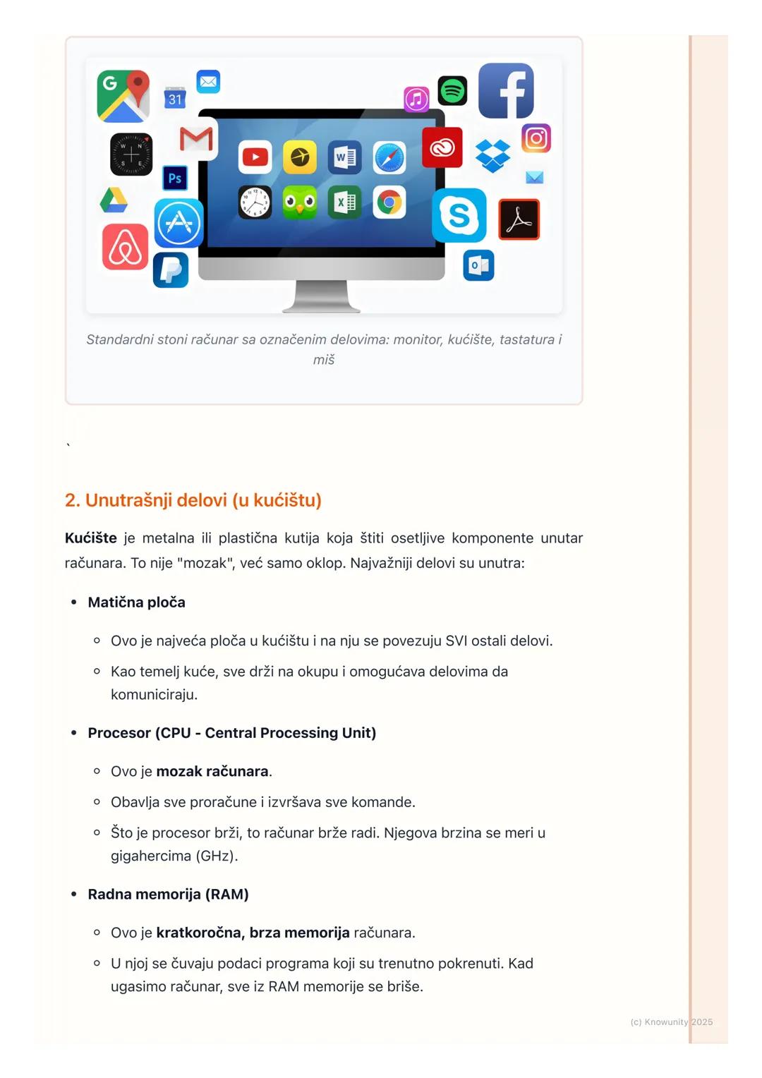 # Osnovni delovi računara

Osnovni pregled delova računara

Računar se sastoji od mnogo delova koji rade zajedno. Kao tim. Neki delovi su
vi