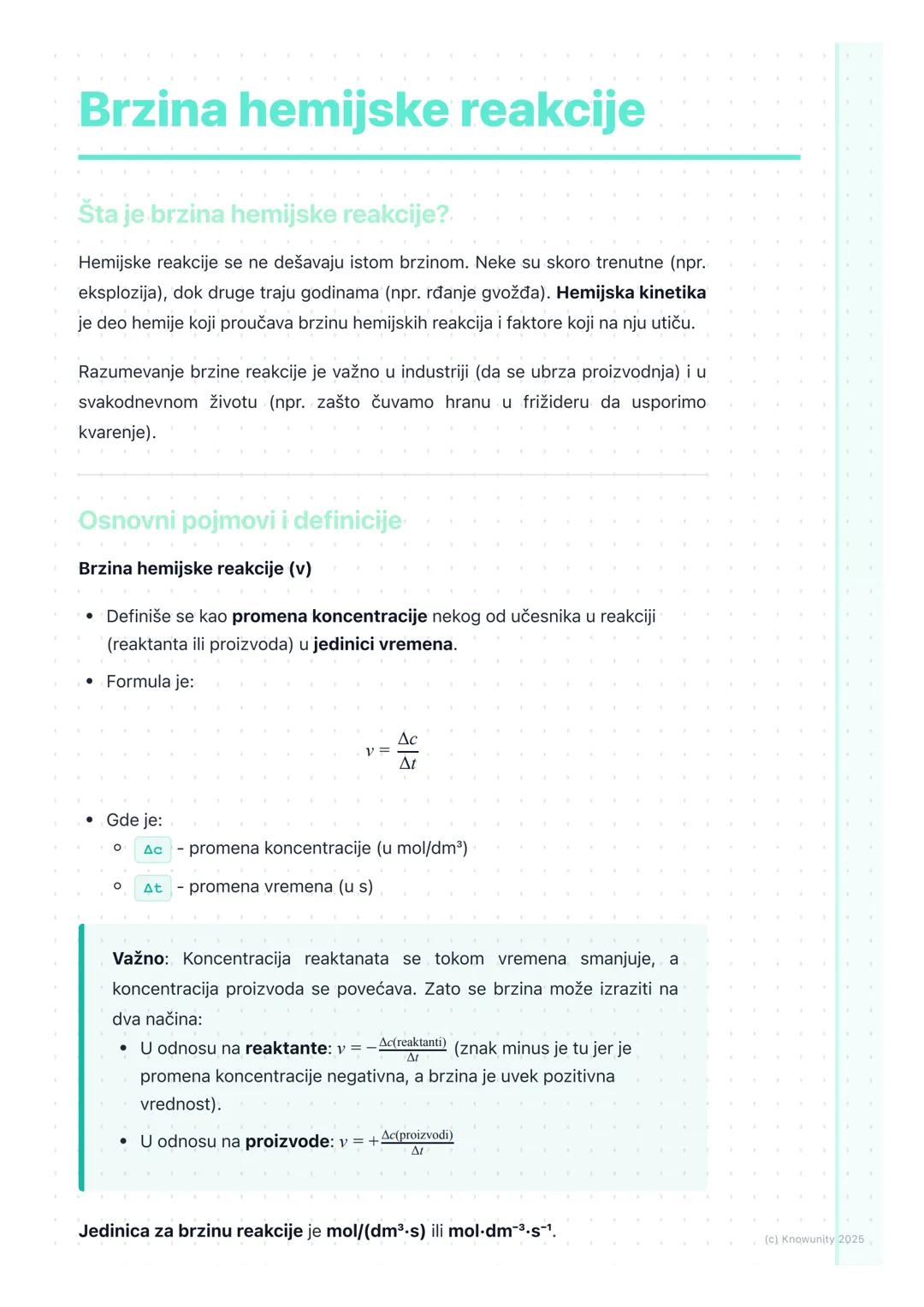 # Brzina hemijske reakcije

Šta je brzina hemijske reakcije?.

Hemijske reakcije se ne dešavaju istom brzinom. Neke su skoro trenutne (npr.
