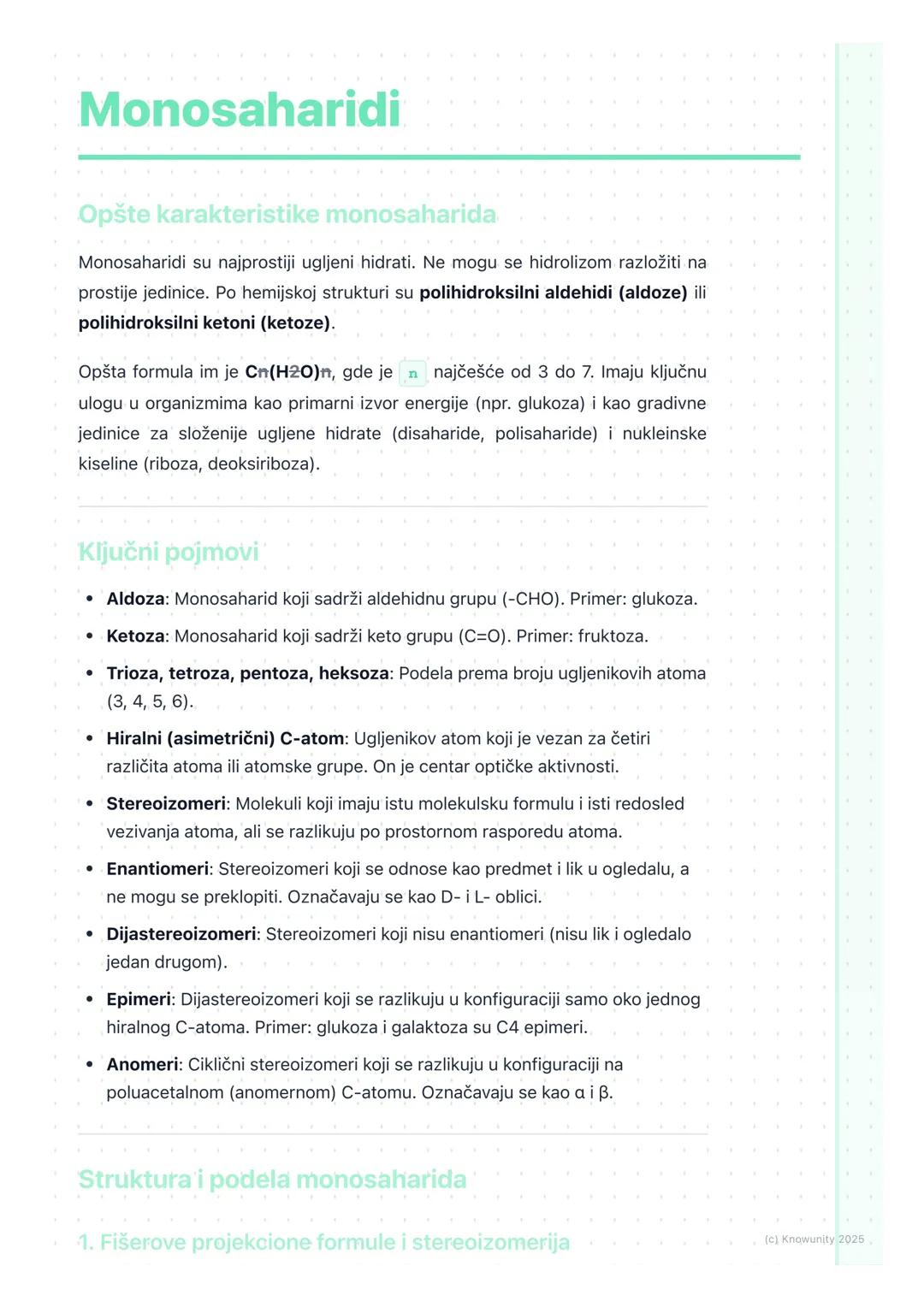 # Monosaharidi

## Opšte karakteristike monosaharida

Monosaharidi su najprostiji ugljeni hidrati. Ne mogu se hidrolizom razložiti na
prosti
