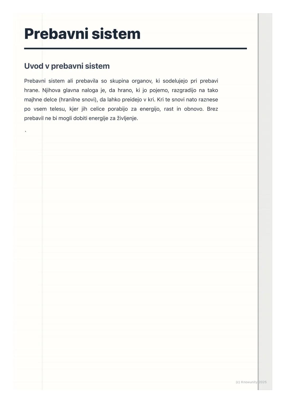 # Prebavni sistem

Uvod v prebavni sistem

Prebavni sistem ali prebavila so skupina organov, ki sodelujejo pri prebavi
hrane. Njihova glavna