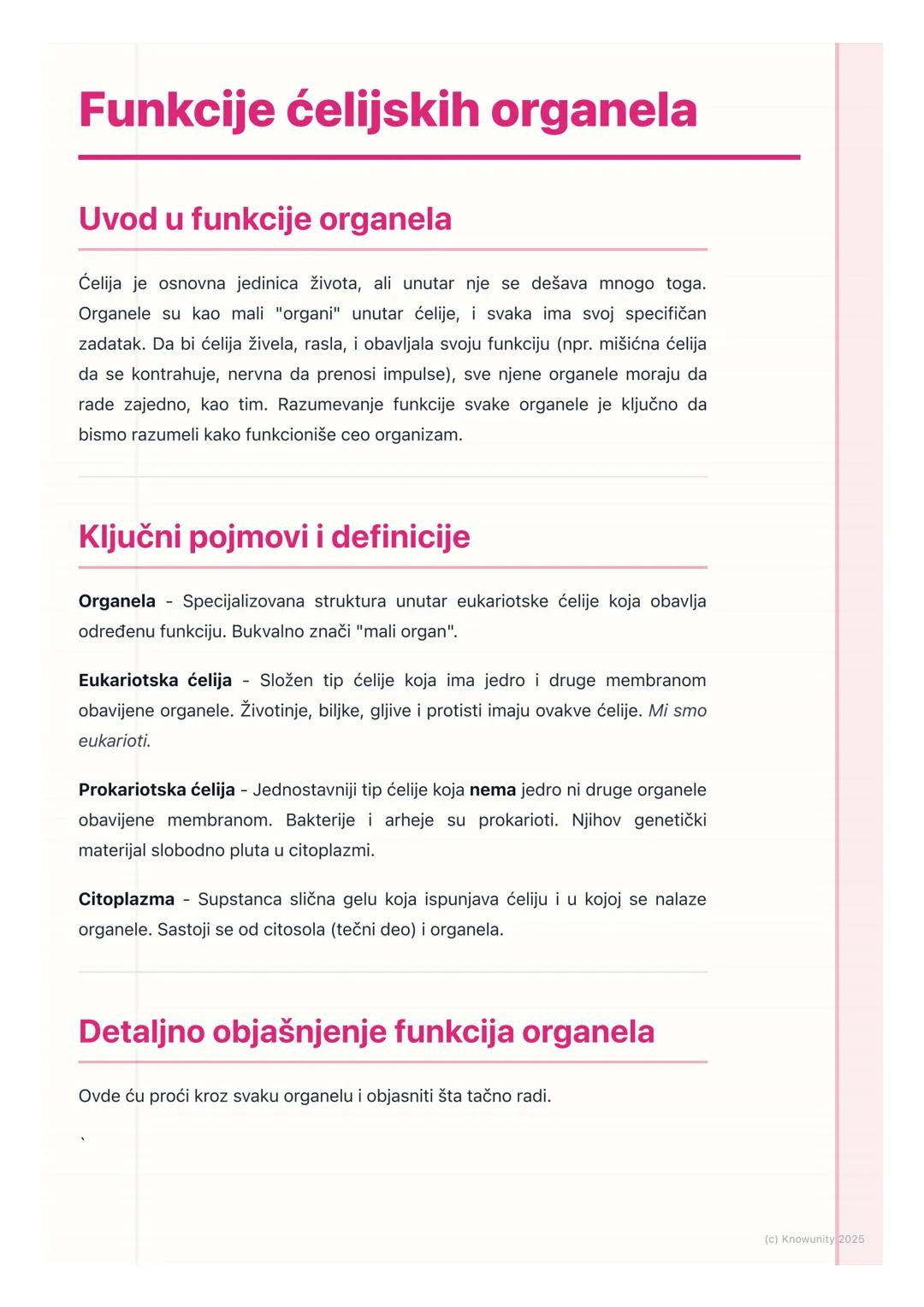 # Funkcije ćelijskih organela

## Uvod u funkcije organela

Ćelija je osnovna jedinica života, ali unutar nje se dešava mnogo toga.
Organele