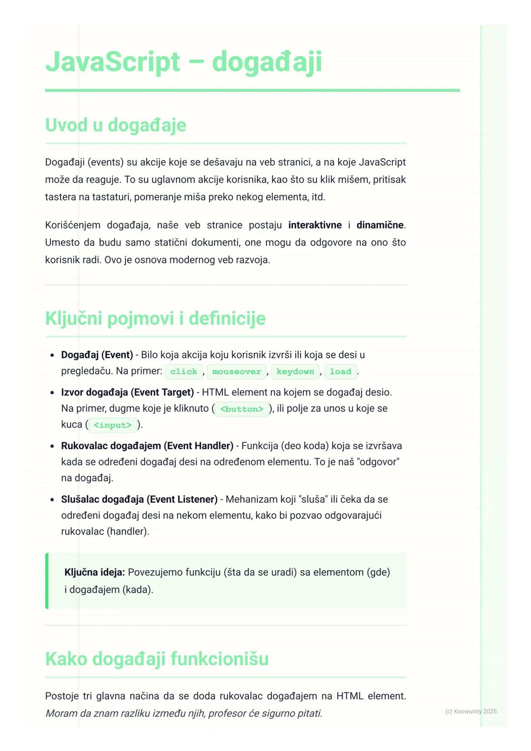 # JavaScript - događaji

Uvod u događaje

Događaji (events) su akcije koje se dešavaju na veb stranici, a na koje JavaScript
može da reaguje