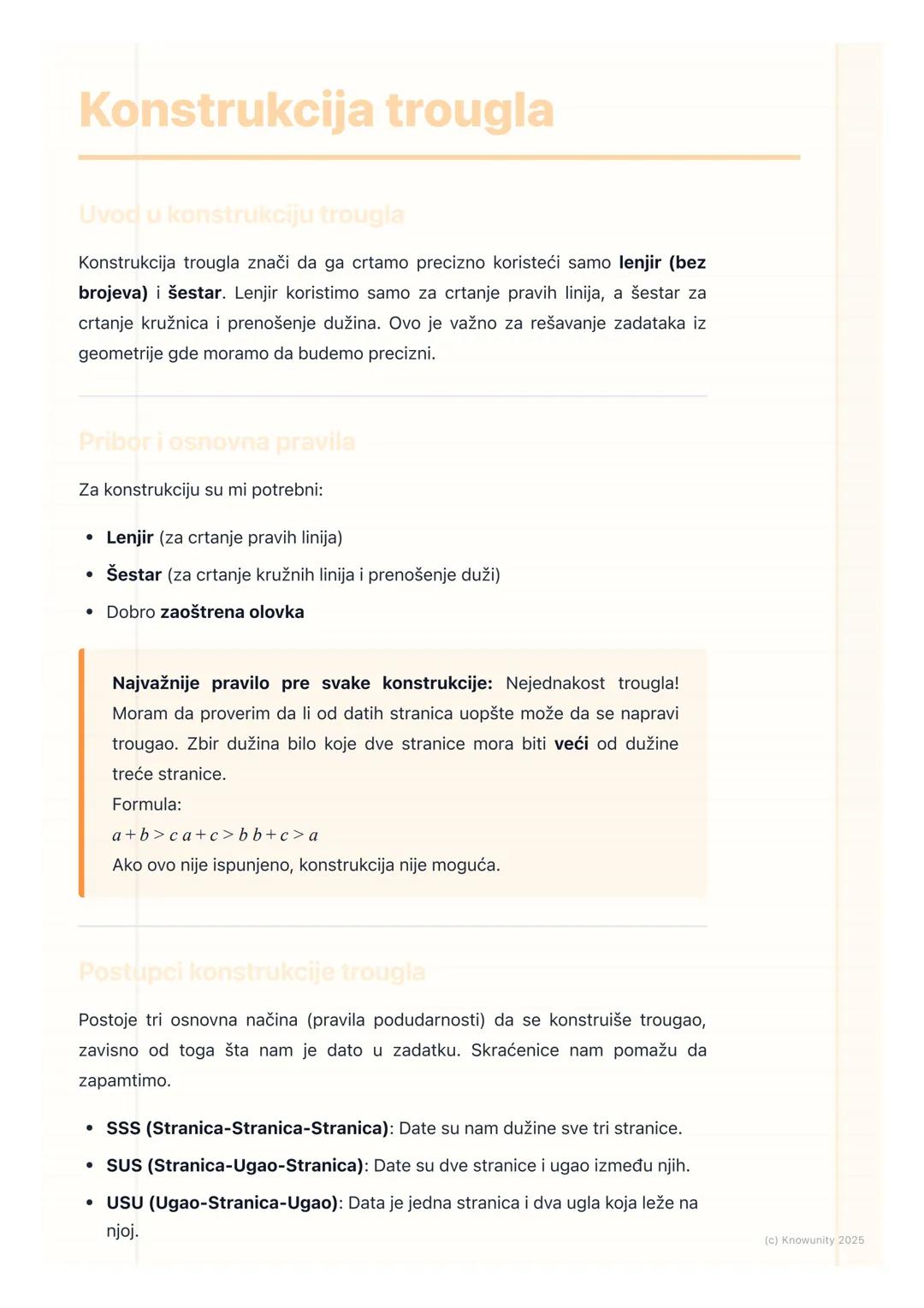 # Konstrukcija trougla

Uvod u konstrukciju trougla

Konstrukcija trougla znači da ga crtamo precizno koristeći samo lenjir (bez
brojeva) i 