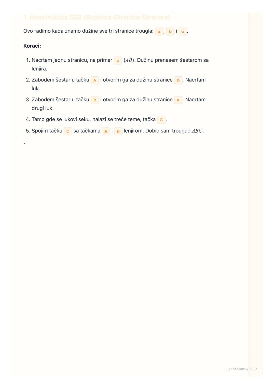 # Konstrukcija trougla

Uvod u konstrukciju trougla

Konstrukcija trougla znači da ga crtamo precizno koristeći samo lenjir (bez
brojeva) i 