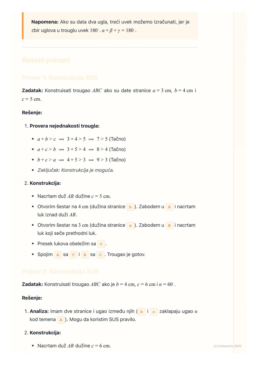 # Konstrukcija trougla

Uvod u konstrukciju trougla

Konstrukcija trougla znači da ga crtamo precizno koristeći samo lenjir (bez
brojeva) i 
