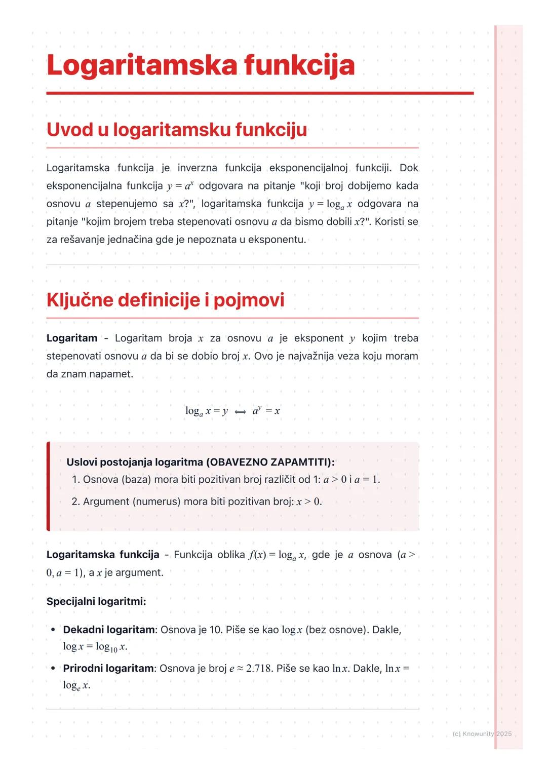 # Logaritamska funkcija

Uvod u logaritamsku funkciju

Logaritamska funkcija je inverzna funkcija eksponencijalnoj funkciji. Dok
eksponencij