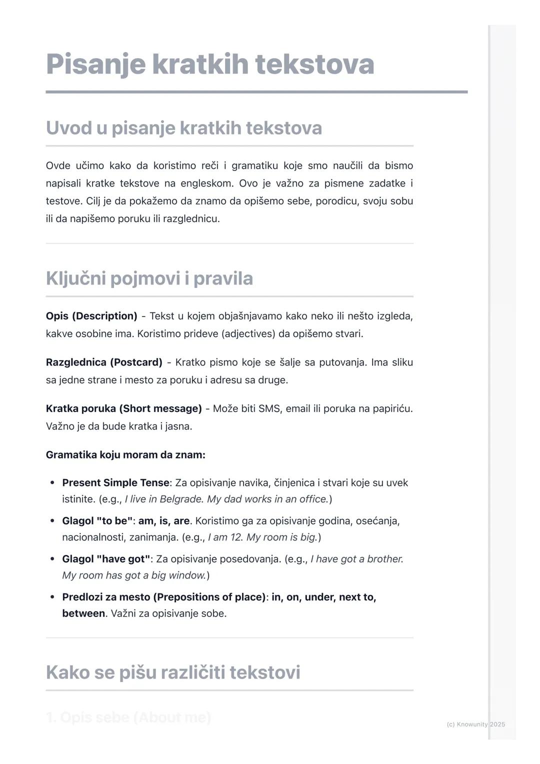 # Pisanje kratkih tekstova

Uvod u pisanje kratkih tekstova

Ovde učimo kako da koristimo reči i gramatiku koje smo naučili da bismo
napisal