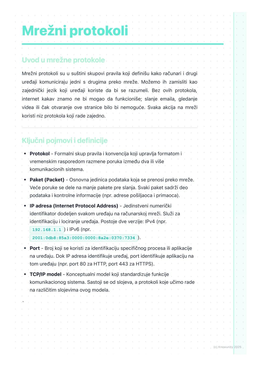 # Mrežni protokoli

Uvod u mrežne protokole.

Mrežni protokoli su u suštini skupovi pravila koji definišu kako računari i drugi
uređaji komu