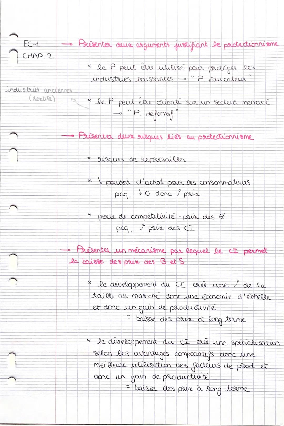 - EC1
- CHAP 2

- → Prisenter deux arguments justifiant le protectionnisme

industries anciennes
(Aextile)

- α le P peut être utilise par p