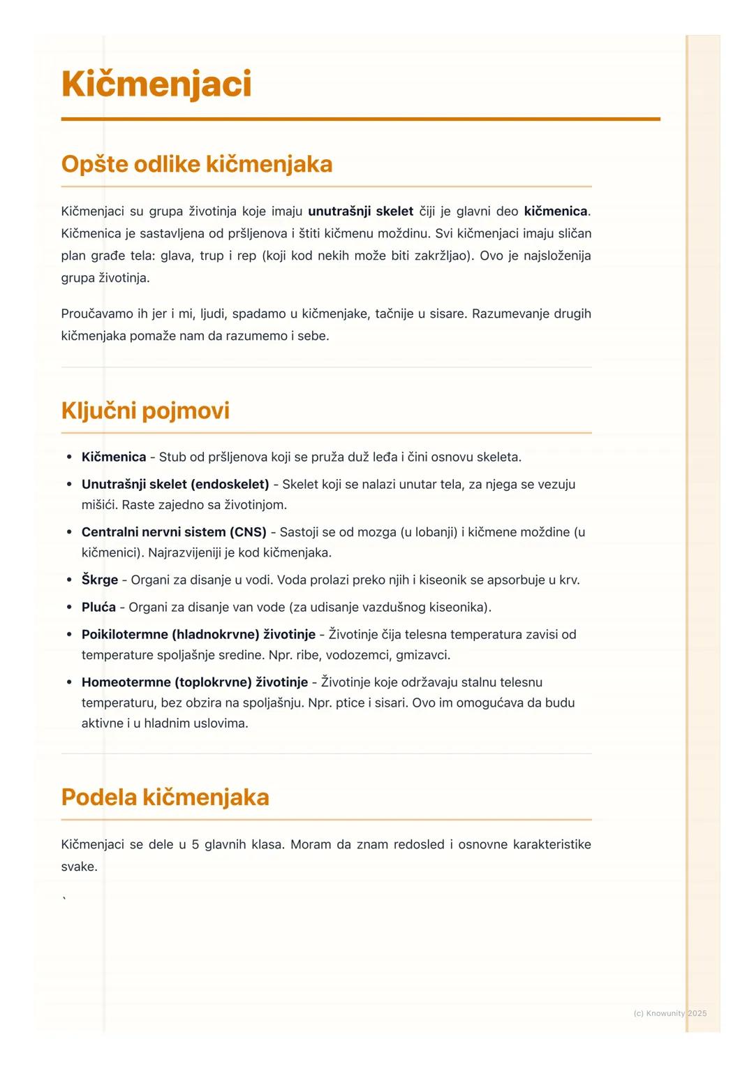 # Kičmenjaci

Opšte odlike kičmenjaka

Kičmenjaci su grupa životinja koje imaju unutrašnji skelet čiji je glavni deo kičmenica.
Kičmenica je