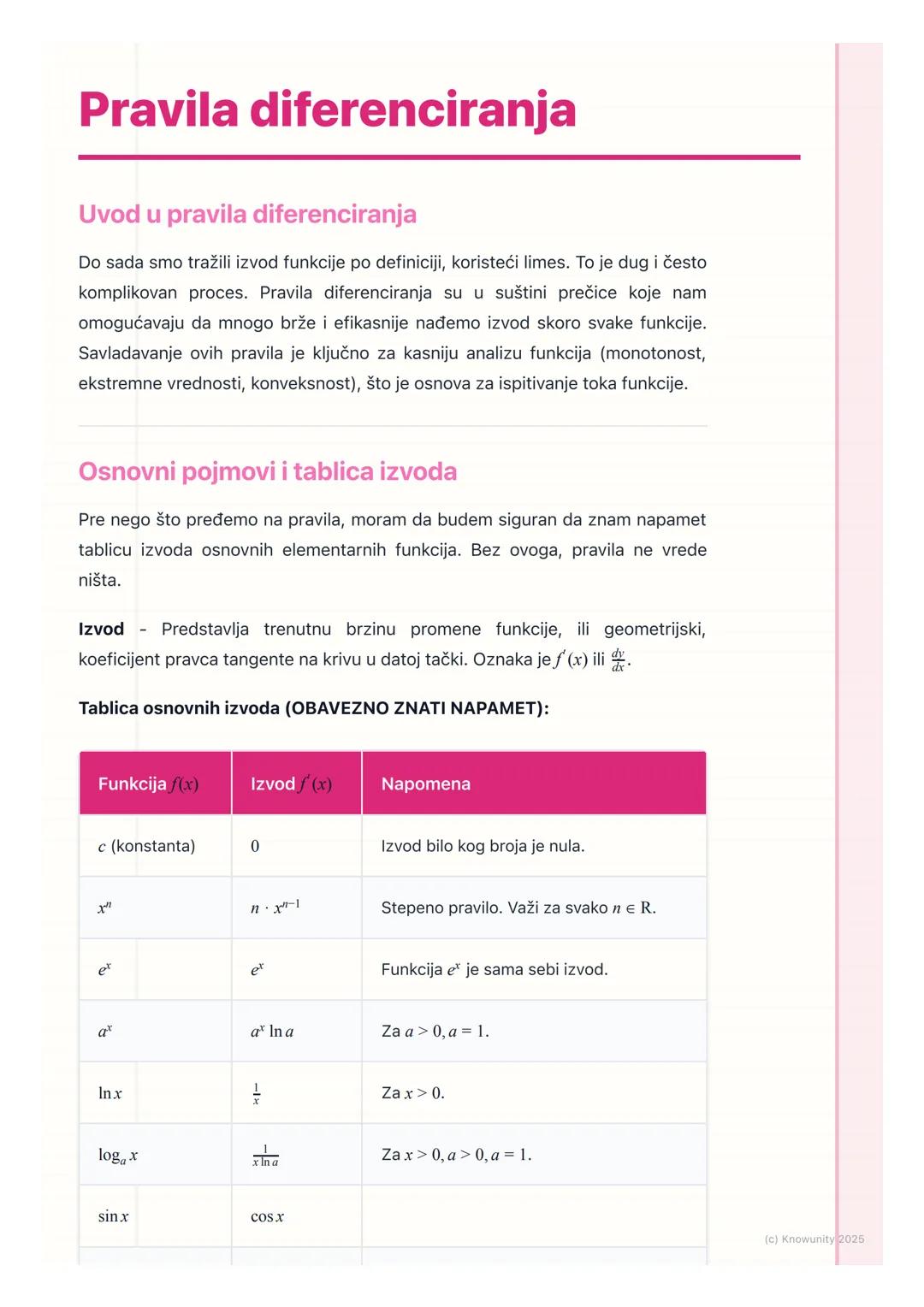 # Pravila diferenciranja

Uvod u pravila diferenciranja

Do sada smo tražili izvod funkcije po definiciji, koristeći limes. To je dug i čest