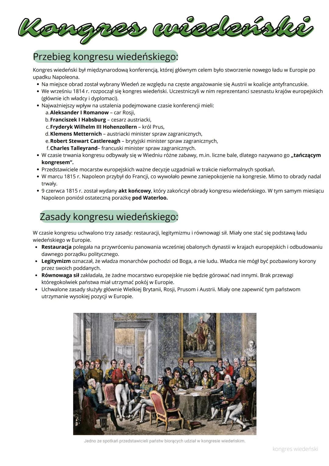 # Kongres wiedeński

## Przebieg kongresu wiedeńskiego:

Kongres wiedeński był międzynarodową konferencją, której głównym celem było stworze