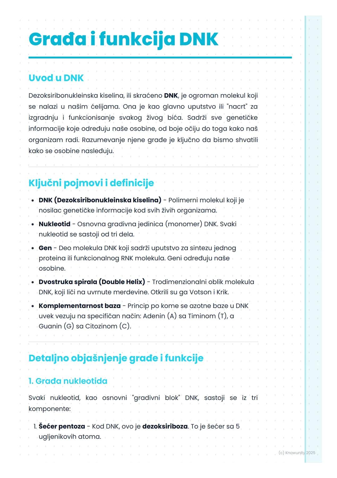 # Građa i funkcija DNK

Uvod u DNK

Dezoksiribonukleinska kiselina, ili skraćeno DNK, je ogroman molekul koji
se nalazi u našim ćelijama. On