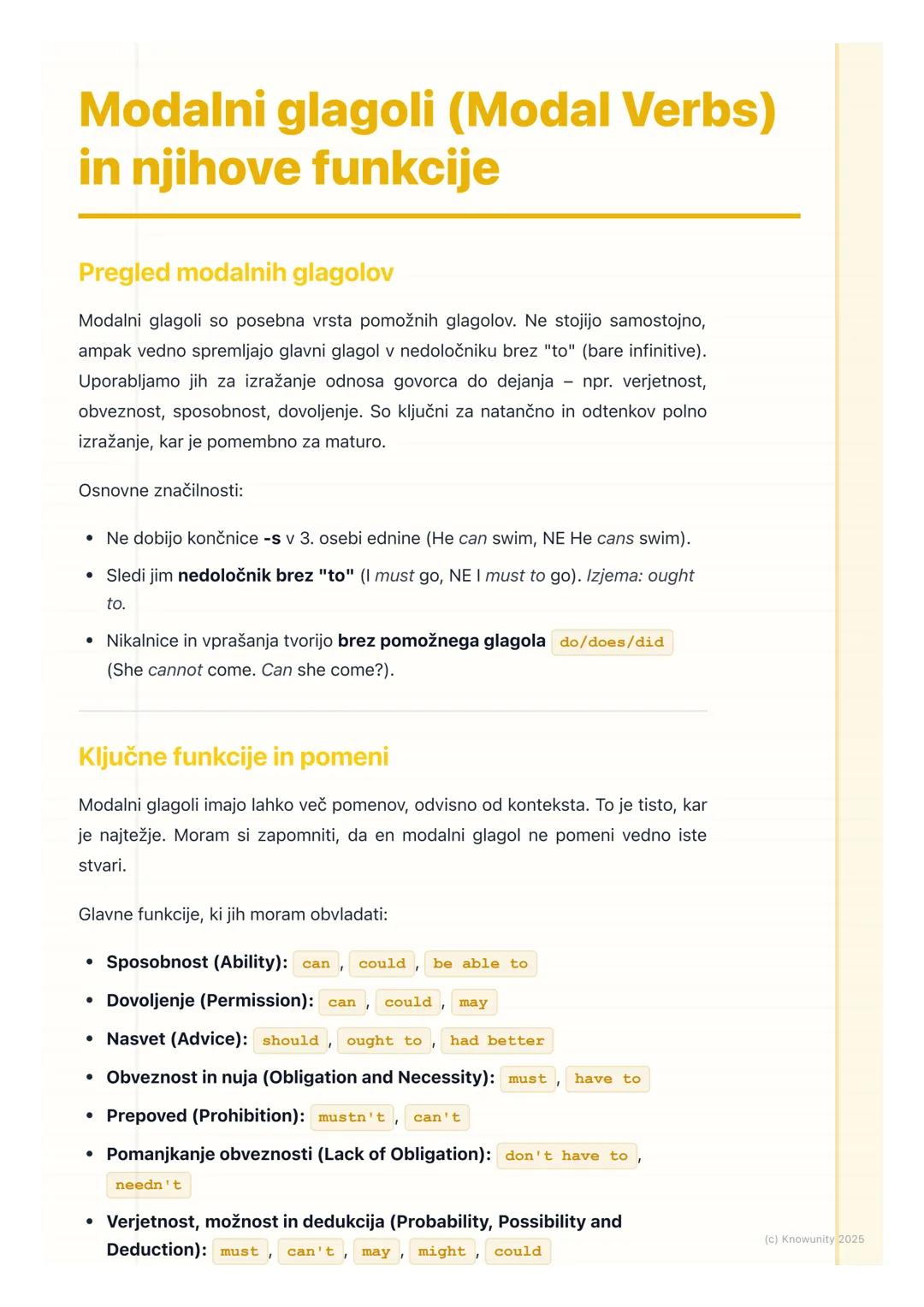 # Modalni glagoli (Modal Verbs)
in njihove funkcije

Pregled modalnih glagolov

Modalni glagoli so posebna vrsta pomožnih glagolov. Ne stoji