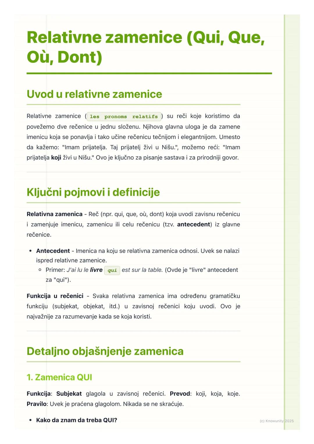 # Relativne zamenice (Qui, Que,
Où, Dont)

Uvod u relativne zamenice

Relativne zamenice (les pronoms relatifs) su reči koje koristimo da
po