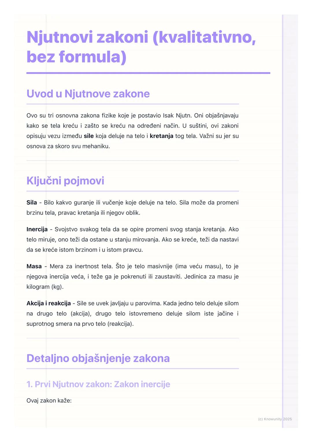 Njutnovi zakoni (kvalitativno, bez formula)