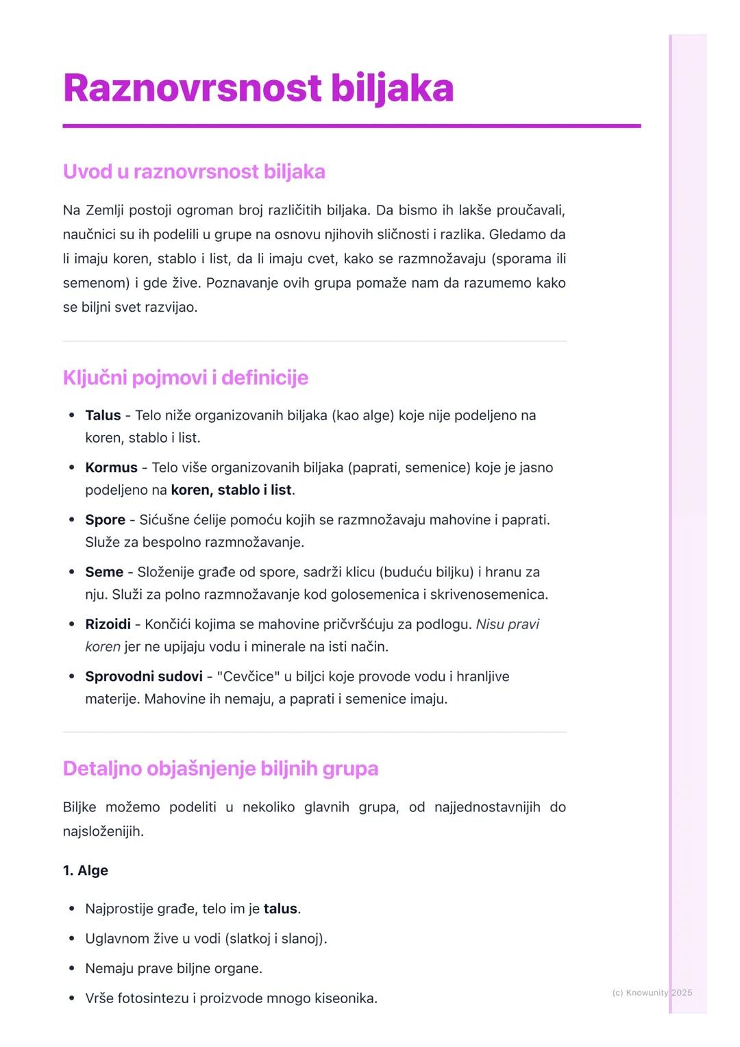 # Raznovrsnost biljaka

Uvod u raznovrsnost biljaka

Na Zemlji postoji ogroman broj različitih biljaka. Da bismo ih lakše proučavali,
naučni