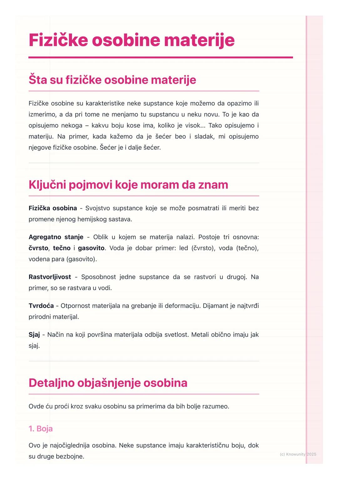 # Fizičke osobine materije

## Šta su fizičke osobine materije

Fizičke osobine su karakteristike neke supstance koje možemo da opazimo ili
