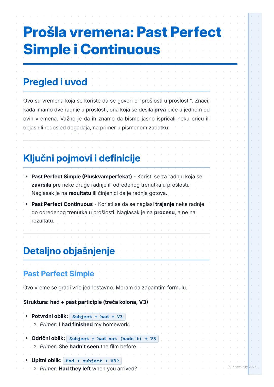 # Prošla vremena: Past Perfect
Simple i Continuous

Pregled i uvod

Ovo su vremena koja se koriste da se govori o "prošlosti u prošlosti". Z